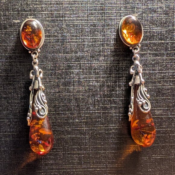 Vintage Sterling Silver Genuine Baltic Amber Leaves Teardrop Dangle Earrings - Picture 2 of 5